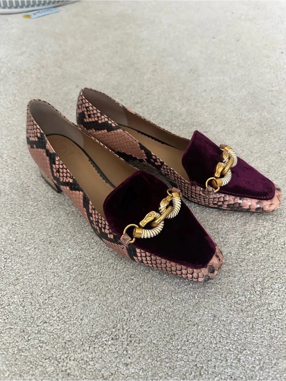 Tory Burch Women's Velvet and Snake-Print Loafers in Burgundy and Pink - Picture 7 of 12